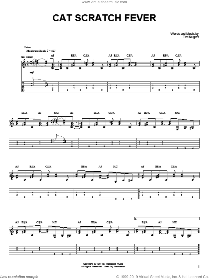 Cat Scratch Fever sheet music for guitar solo (easy tablature) by Ted Nugent and Pantera, easy guitar (easy tablature)