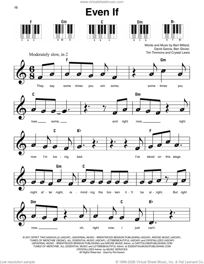 Even If sheet music for piano solo by MercyMe, Bart Millard, Ben Glover, Crystal Lewis, David Garcia and Tim Timmons, beginner skill level