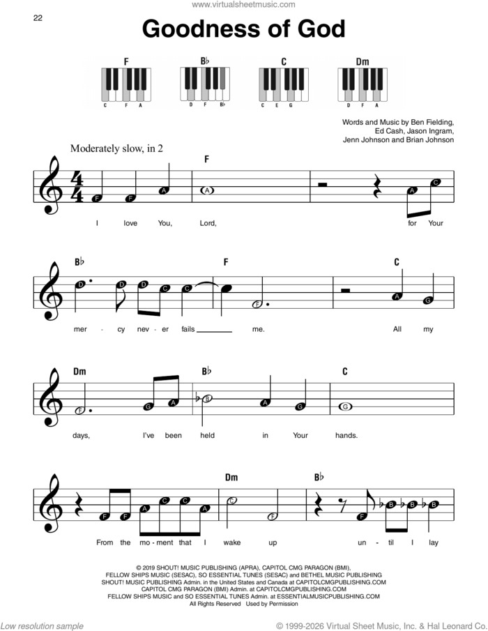 Goodness of God sheet music for piano solo by Bethel Music and Jenn Johnson, Ben Fielding, Brian Johnson, Ed Cash, Jason Ingram and Jenn Johnson, beginner skill level