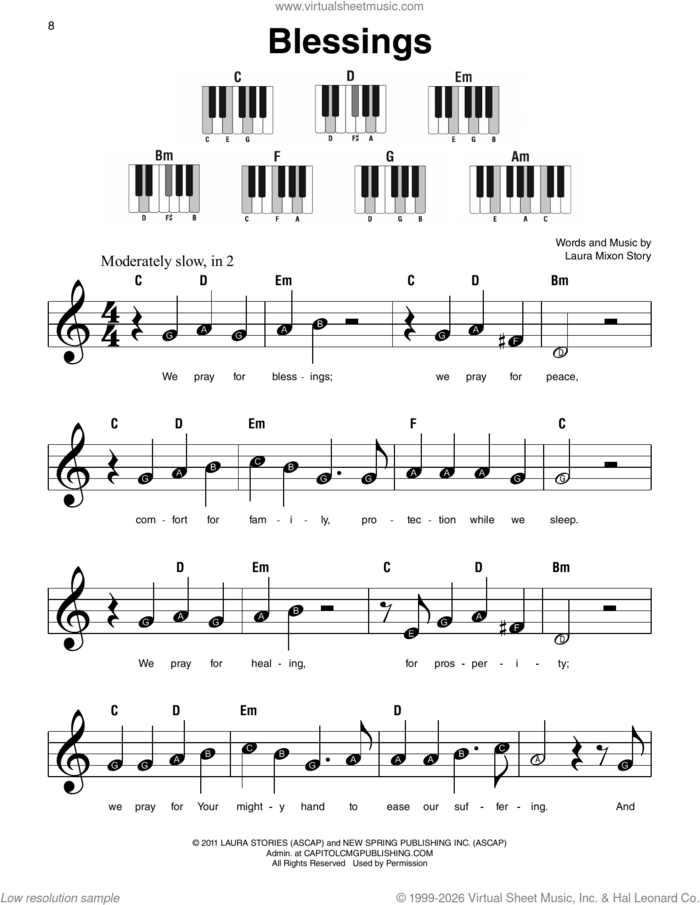 Blessings, (beginner) sheet music for piano solo by Laura Story and Laura Mixon Story, beginner skill level
