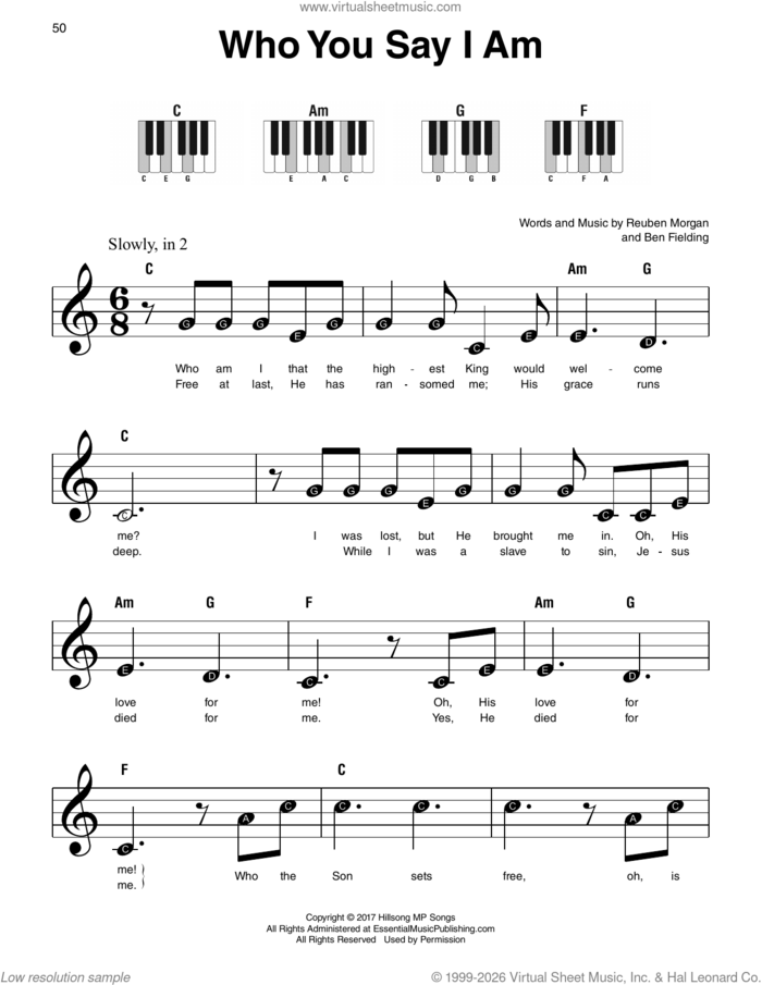 Who You Say I Am sheet music for piano solo by Reuben Morgan and Ben Fielding, beginner skill level