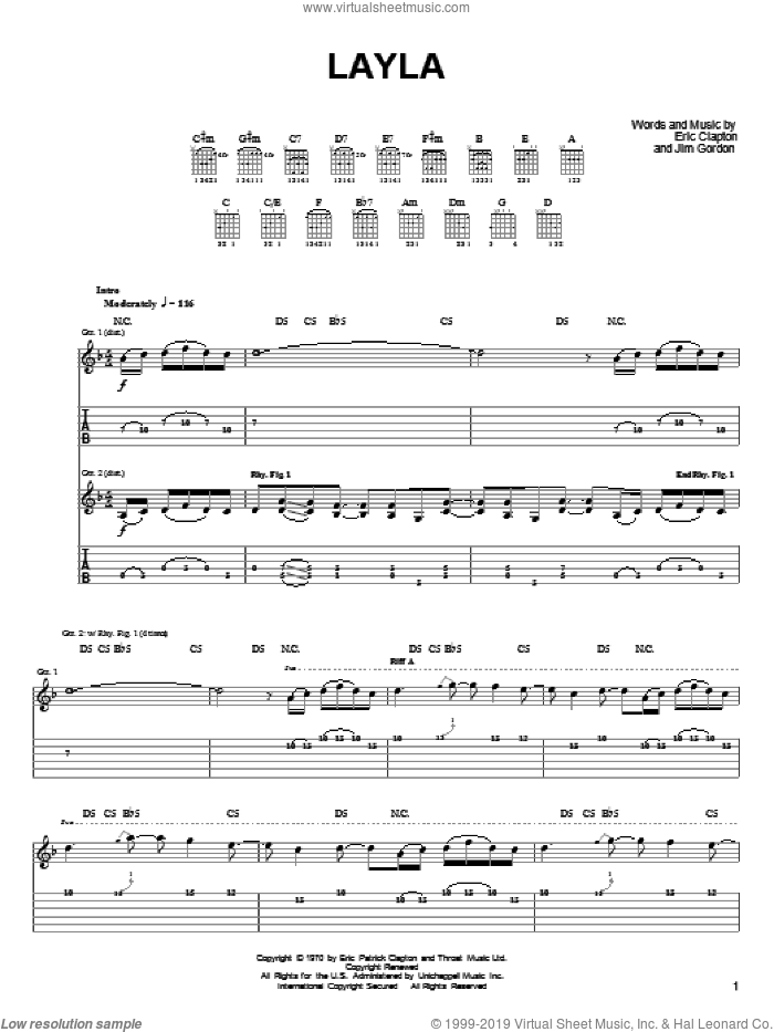 Layla, (easy) sheet music for guitar solo (easy tablature) by Derek And The Dominos, Eric Clapton and Jim Gordon, easy guitar (easy tablature)