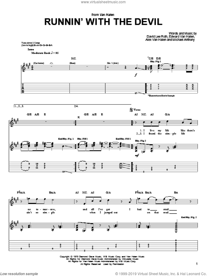 Runnin' With The Devil sheet music for guitar solo (easy tablature) by Edward Van Halen, Alex Van Halen, David Lee Roth and Michael Anthony, easy guitar (easy tablature)