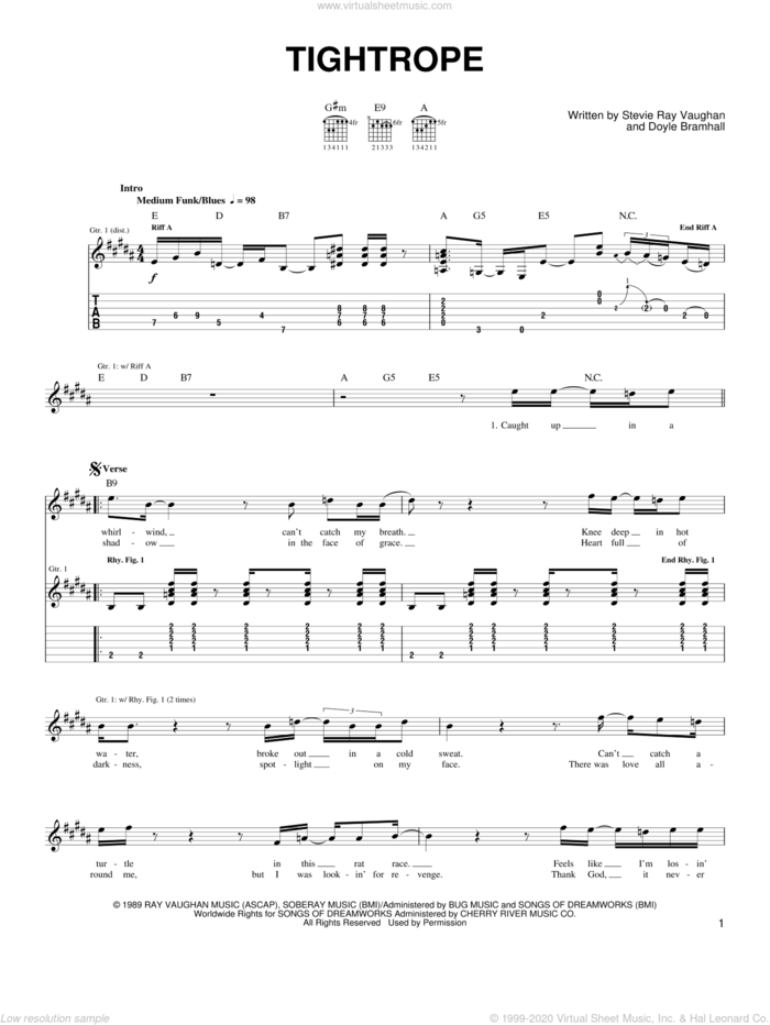 Tightrope sheet music for guitar solo (easy tablature) by Stevie Ray Vaughan and Doyle Bramhall, easy guitar (easy tablature)