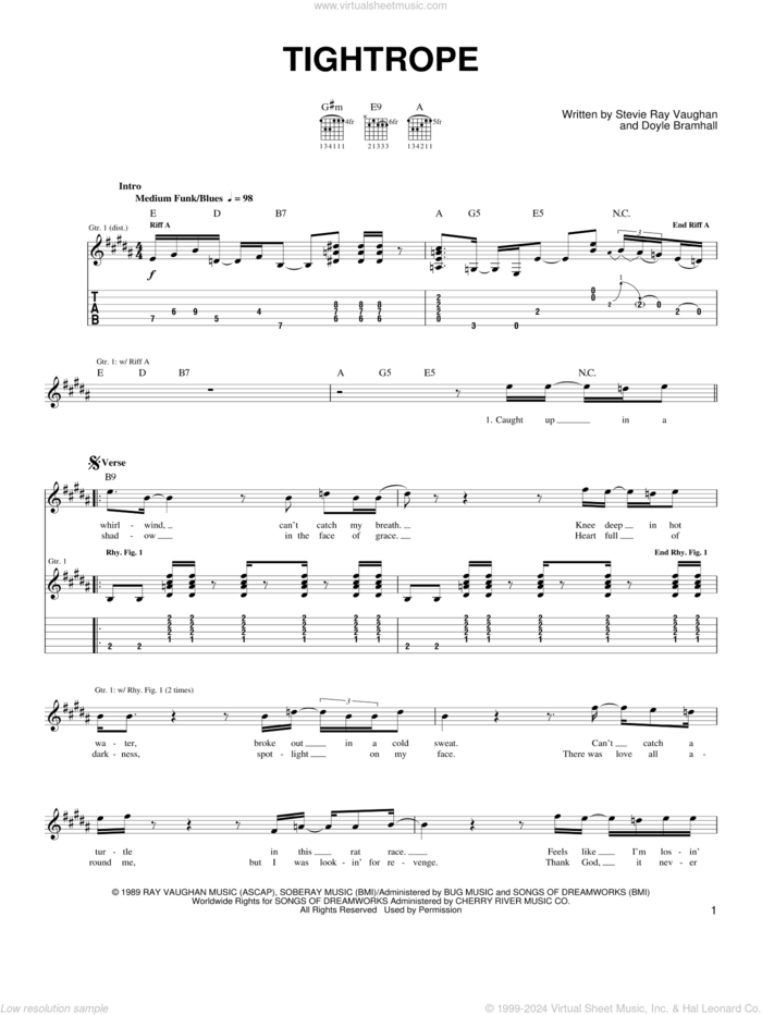 Tightrope sheet music for guitar solo (easy tablature) by Stevie Ray Vaughan and Doyle Bramhall, easy guitar (easy tablature)