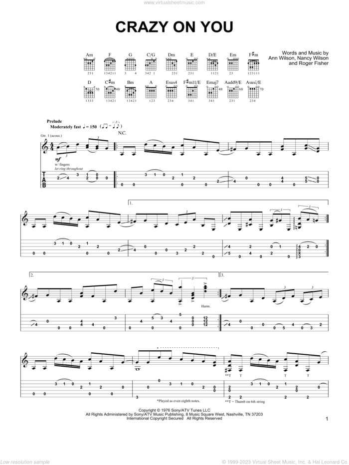 Crazy On You sheet music for guitar solo (easy tablature) by Heart, Ann Wilson, Nancy Wilson and Roger Fisher, easy guitar (easy tablature)