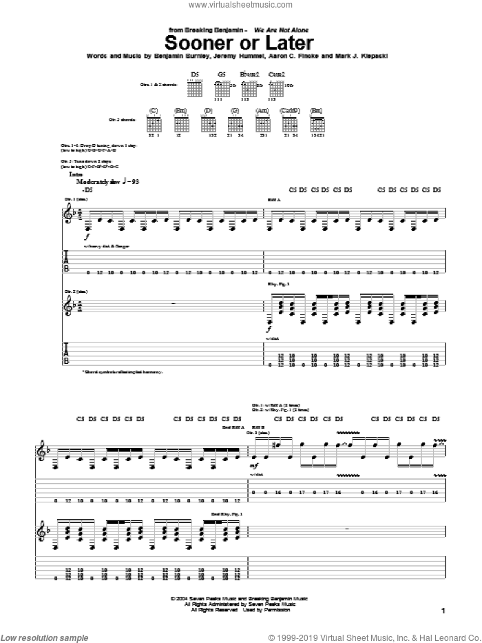 Sooner Or Later sheet music for guitar (tablature) by Breaking Benjamin, Aaron C. Fincke, Benjamin Burnley, Jeremy Hummel and Mark J. Klepaski, intermediate skill level