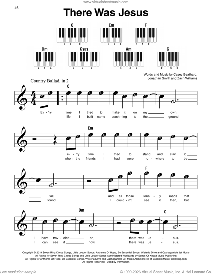 There Was Jesus (feat. Dolly Parton), (beginner) sheet music for piano solo by Zach Williams, Casey Beathard and Jonathan Smith, beginner skill level