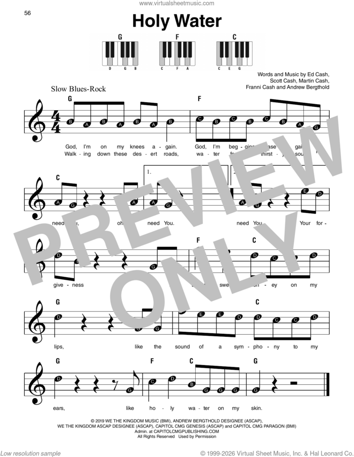 Holy Water, (beginner) sheet music for piano solo by We The Kingdom, Andrew Bergthold, Ed Cash, Franni Cash, Martin Cash and Scott Cash, beginner skill level