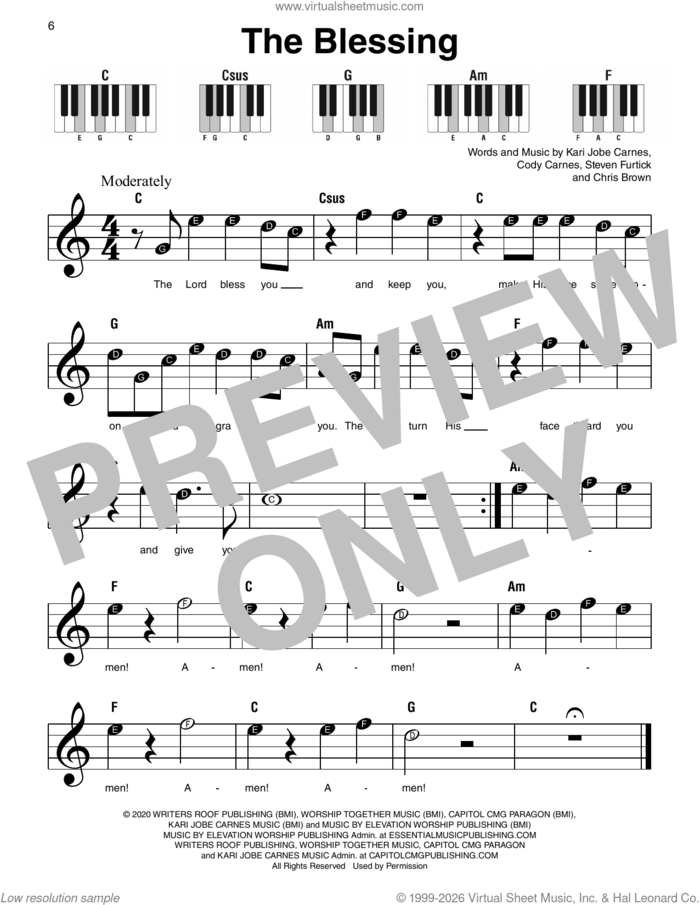 The Blessing sheet music for piano solo by Kari Jobe & Cody Carnes, Chris Brown, Cody Carnes, Kari Jobe Carnes and Steven Furtick, beginner skill level