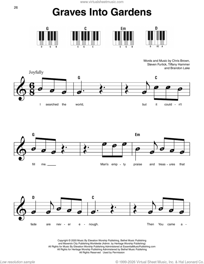 Graves Into Gardens sheet music for piano solo by Elevation Worship, Brandon Lake, Chris Brown, Steven Furtick and Tiffany Hammer, beginner skill level
