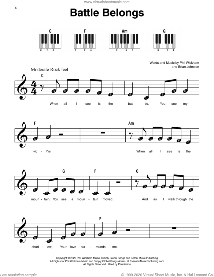 Battle Belongs, (beginner) sheet music for piano solo by Phil Wickham and Brian Johnson, beginner skill level