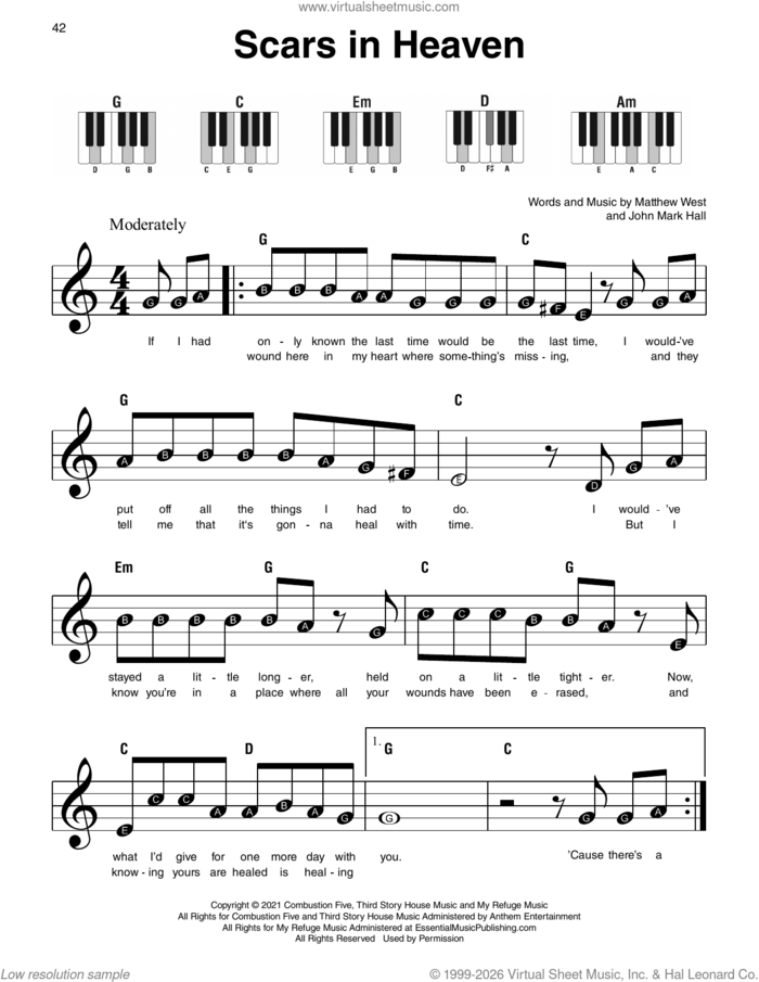 Scars In Heaven sheet music for piano solo by Casting Crowns, John Mark Hall and Matthew West, beginner skill level