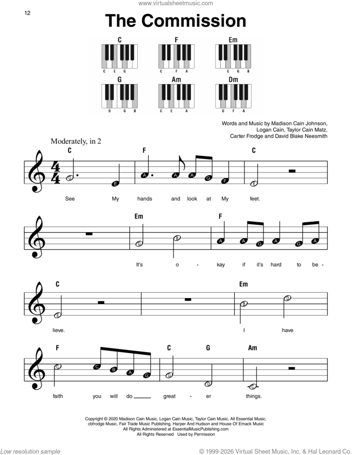 The Commission sheet music for piano solo by CAIN, Carter Frodge, David Blake Neesmith, Logan Cain, Madison Cain Johnson and Taylor Cain Matz, beginner skill level
