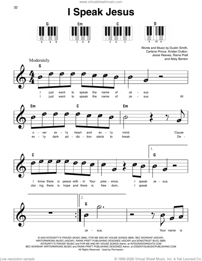 I Speak Jesus sheet music for piano solo by KingsPorch, Charity Gayle, Abby Benton, Carlene Prince, Dustin Smith, Jesse Reeves, Kristen Dutton and Raina Pratt, beginner skill level