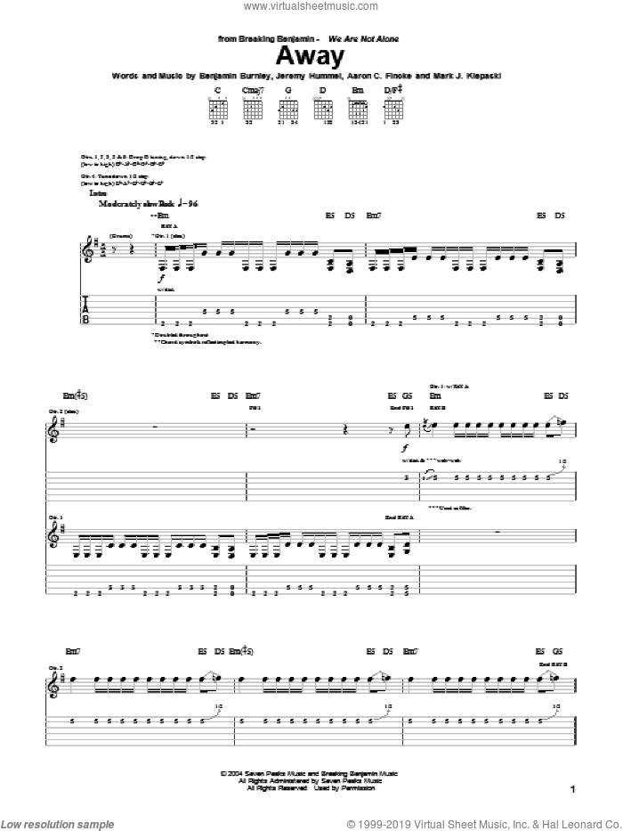 Away sheet music for guitar (tablature) by Breaking Benjamin, Aaron C. Fincke, Benjamin Burnley, Jeremy Hummel and Mark J. Klepaski, intermediate skill level