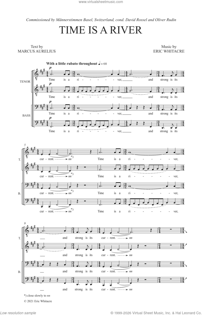 Time Is A River sheet music for choir (TTBB Divisi) by Eric Whitacre and Marcus Aurelius, intermediate skill level