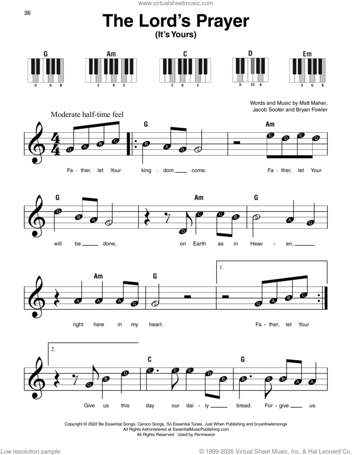 The Lord's Prayer (It's Yours) sheet music for piano solo by Matt Maher, Bryan Fowler and Jacob Sooter, beginner skill level