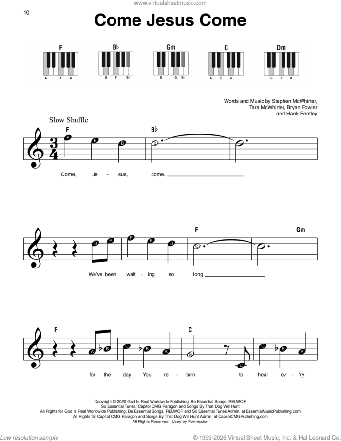 Come Jesus Come sheet music for piano solo by CeCe Winans, Bryan Fowler, Hank Bentley, Stephen Mcwhirter and Tara Mcwhirter, beginner skill level