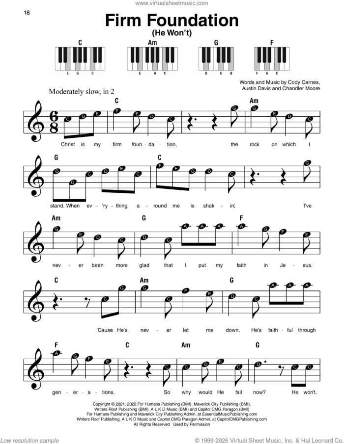 Firm Foundation (He Won't) sheet music for piano solo by Cody Carnes, Austin Davis and Chandler Moore, beginner skill level