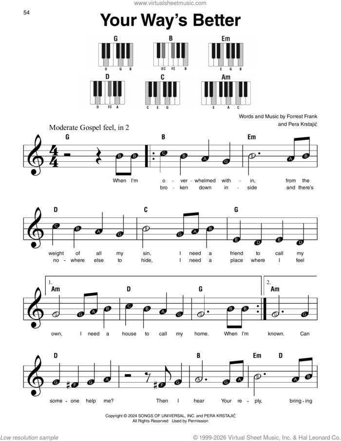 Your Way's Better sheet music for piano solo by Forrest Frank and Pera Krstajic, beginner skill level