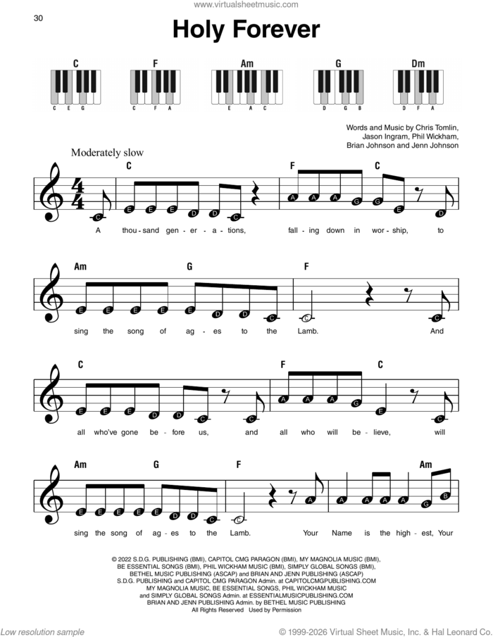Holy Forever sheet music for piano solo by Chris Tomlin, Brian Johnson, Jason Ingram, Jenn Johnson and Phil Wickham, beginner skill level