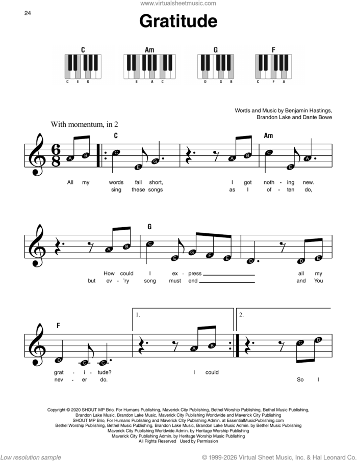 Gratitude, (beginner) sheet music for piano solo by Brandon Lake, Benjamin Hastings and Dante Bowe, beginner skill level