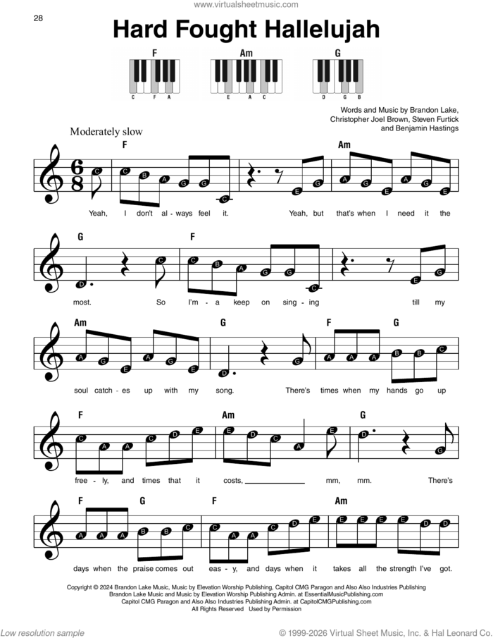 Hard Fought Hallelujah (feat. Jelly Roll) sheet music for piano solo by Brandon Lake, Benjamin Hastings, Christopher Joel Brown and Steven Furtick, beginner skill level