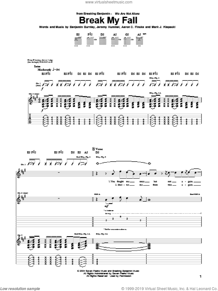 Break My Fall sheet music for guitar (tablature) by Breaking Benjamin, Aaron C. Fincke, Benjamin Burnley, Jeremy Hummel and Mark J. Klepaski, intermediate skill level
