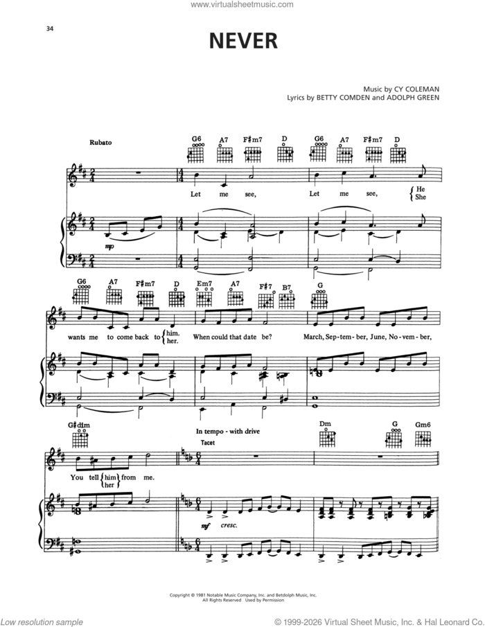 Never (from On The Twentieth Century) sheet music for voice, piano or guitar by Cy Coleman, Adolph Green and Betty Comden, classical score, intermediate skill level