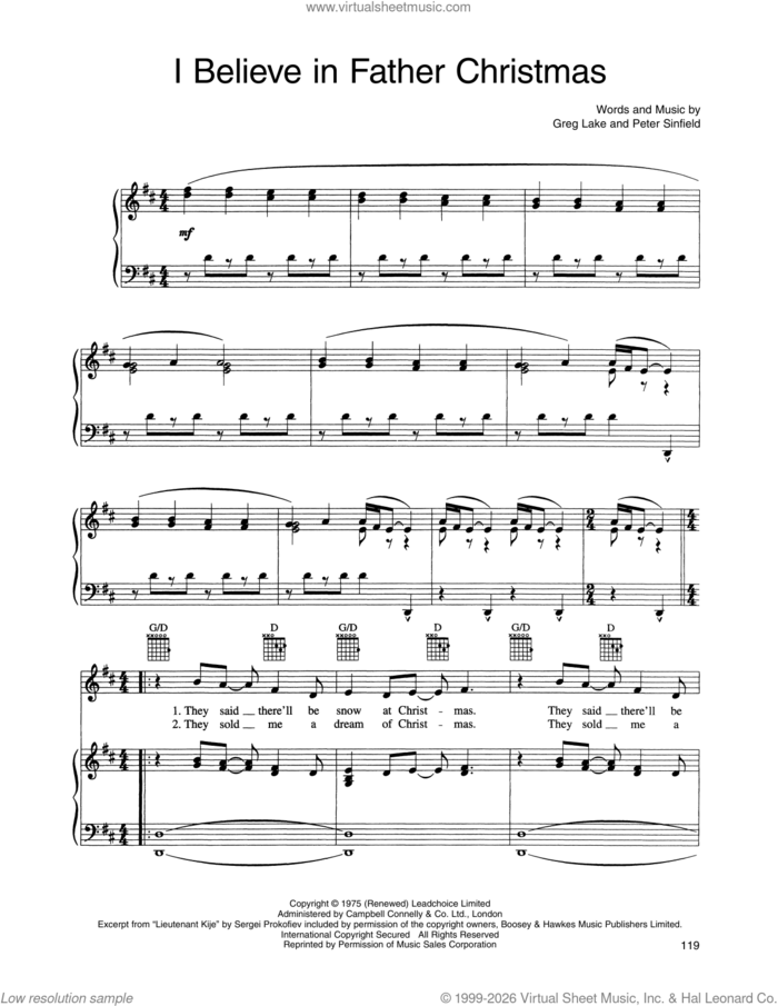 I Believe In Father Christmas sheet music for voice, piano or guitar by Susan Boyle, Greg Lake and Peter Sinfield, classical score, intermediate skill level