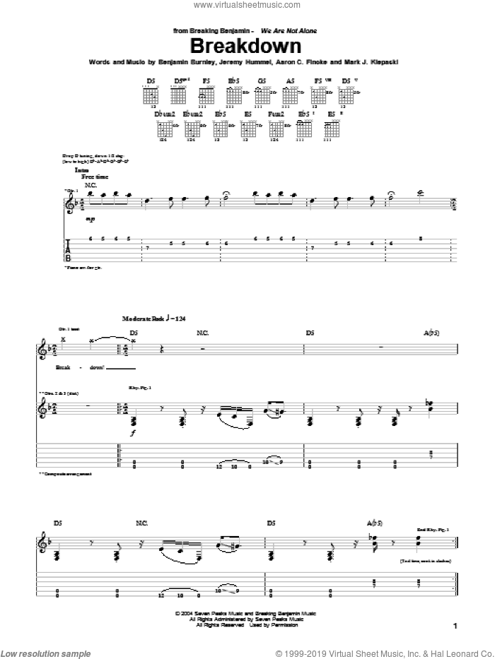 Breakdown sheet music for guitar (tablature) by Breaking Benjamin, Aaron C. Fincke, Benjamin Burnley, Jeremy Hummel and Mark J. Klepaski, intermediate skill level
