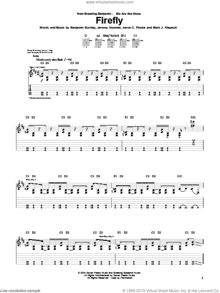 Firefly sheet music for guitar (tablature) by Breaking Benjamin, Aaron C. Fincke, Benjamin Burnley, Jeremy Hummel and Mark J. Klepaski, intermediate skill level