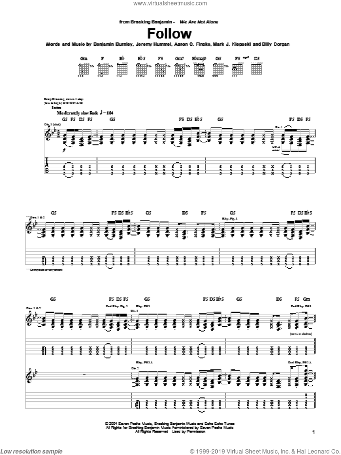 Follow sheet music for guitar (tablature) by Breaking Benjamin, Aaron C. Fincke, Benjamin Burnley, Billy Corgan, Jeremy Hummel and Mark J. Klepaski, intermediate skill level