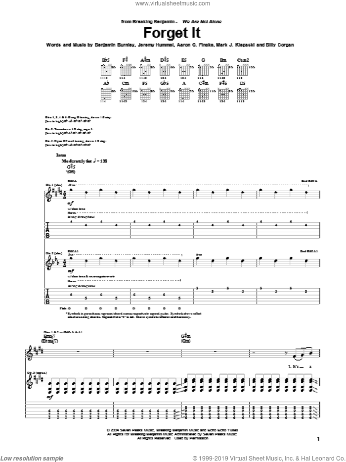 Forget It sheet music for guitar (tablature) by Breaking Benjamin, Aaron C. Fincke, Benjamin Burnley, Billy Corgan, Jeremy Hummel and Mark J. Klepaski, intermediate skill level