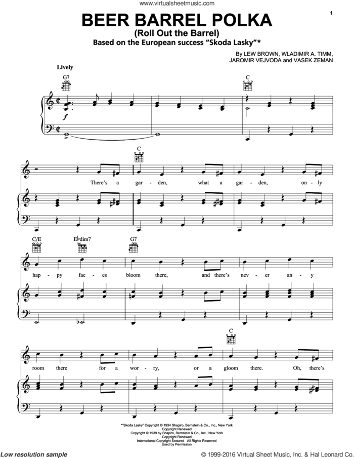 Beer Barrel Polka (Roll Out The Barrel) sheet music for voice, piano or guitar by Bobby Vinton, Jaromir Vejvoda, Lew Brown and Vasek Zeman, intermediate skill level
