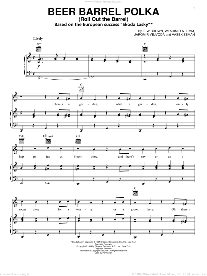 Beer Barrel Polka (Roll Out The Barrel) sheet music for voice, piano or guitar by Bobby Vinton, Jaromir Vejvoda, Lew Brown and Vasek Zeman, intermediate skill level