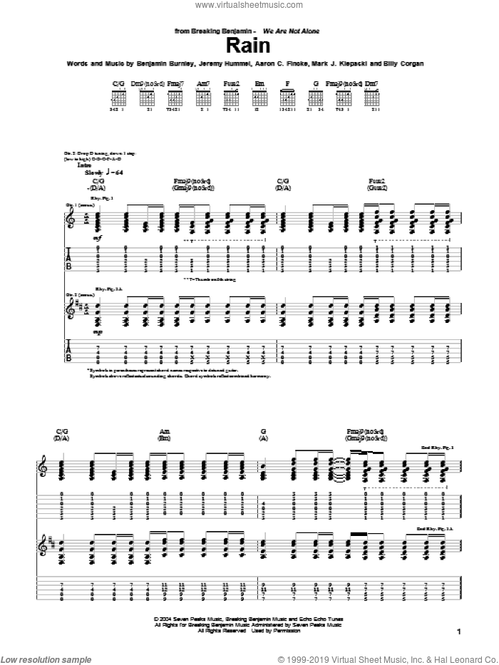 Rain sheet music for guitar (tablature) by Breaking Benjamin, Aaron C. Fincke, Benjamin Burnley, Billy Corgan, Jeremy Hummel and Mark J. Klepaski, intermediate skill level