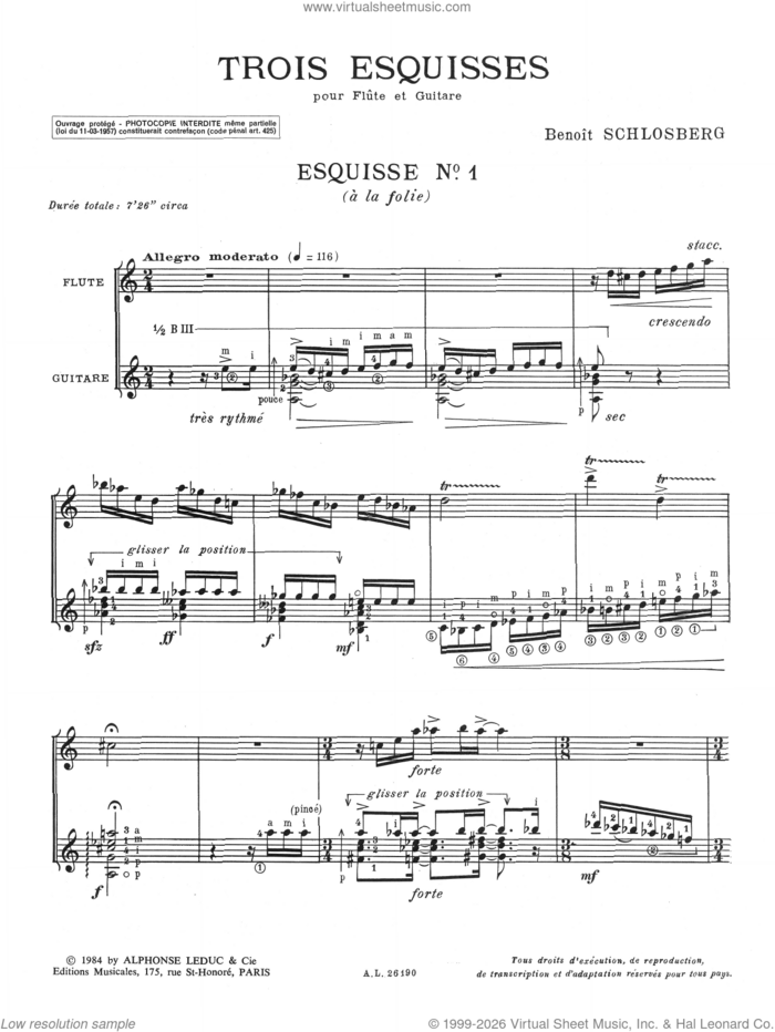 Trois esquisses (COMPLETE) sheet music for flute and guitar by Benoît Schlosberg, classical score, intermediate skill level