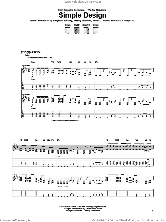 Simple Design sheet music for guitar (tablature) by Breaking Benjamin, Aaron C. Fincke, Benjamin Burnley, Jeremy Hummel and Mark J. Klepaski, intermediate skill level