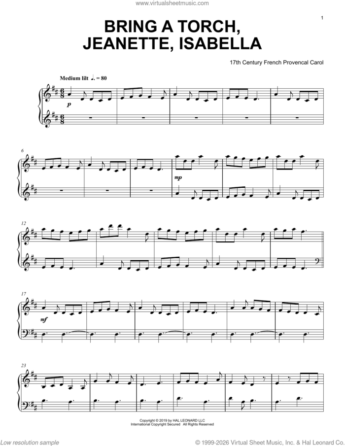 Bring A Torch, Jeannette, Isabella sheet music for piano solo by Anonymous and Miscellaneous, intermediate skill level