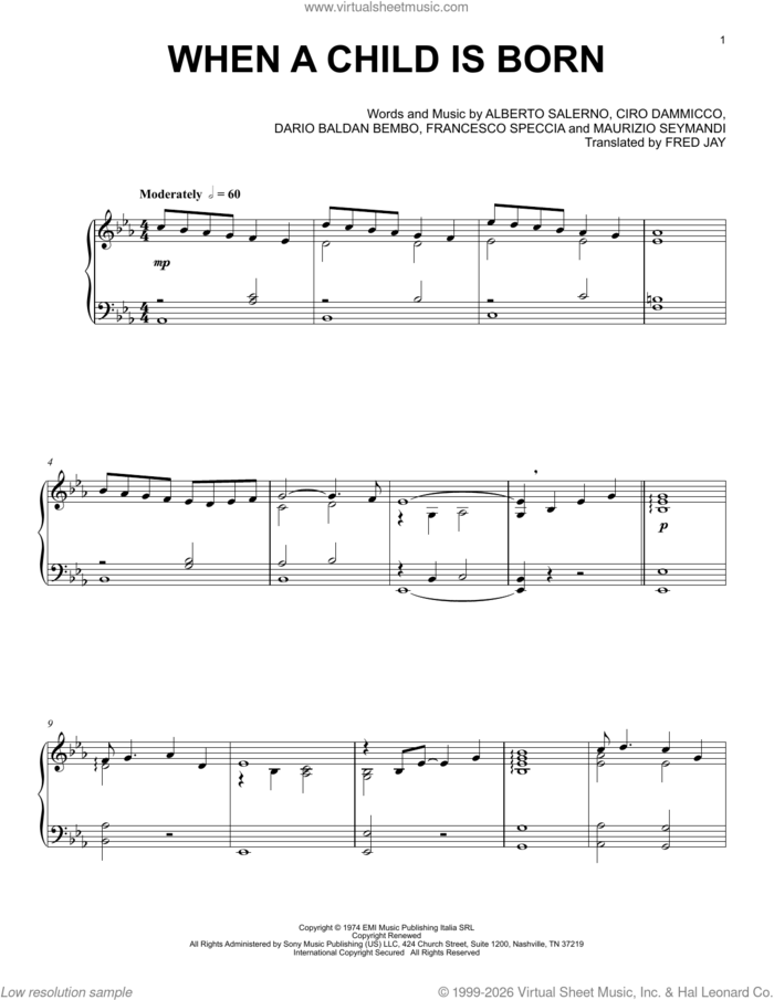 When A Child Is Born sheet music for piano solo by Andrea Bocelli, Johnny Mathis, Alberto Salerno, Ciro Dammicco, Dario Baldan Bembo, Francesco Specchia, Fred Jay (trans.) and Maurizio Seymandi, intermediate skill level