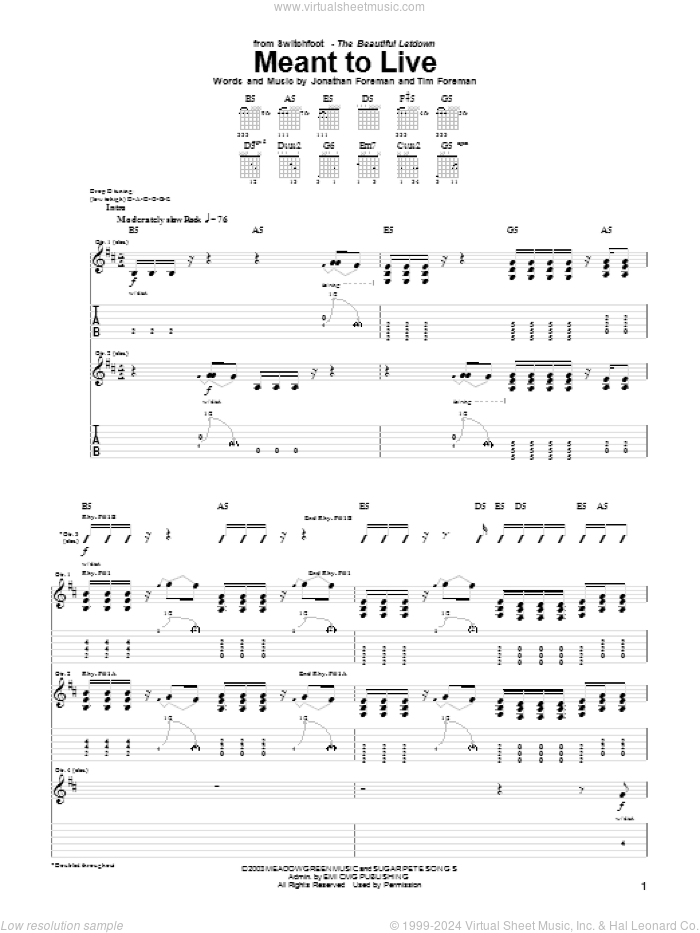 Meant To Live sheet music for guitar (tablature) by Switchfoot, Jonathan Foreman and Tim Foreman, intermediate skill level