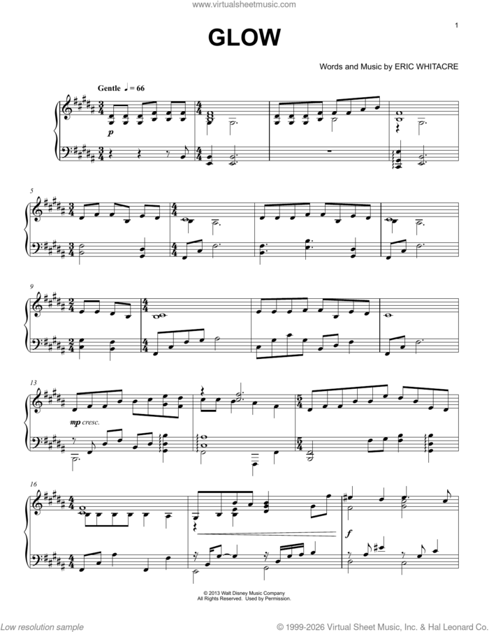 Glow sheet music for piano solo by Eric Whitacre, classical score, intermediate skill level
