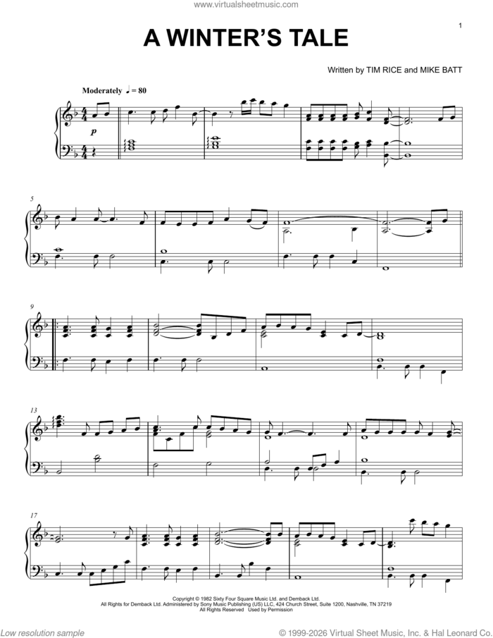 A Winter's Tale sheet music for piano solo by Mike Batt and Tim Rice, intermediate skill level