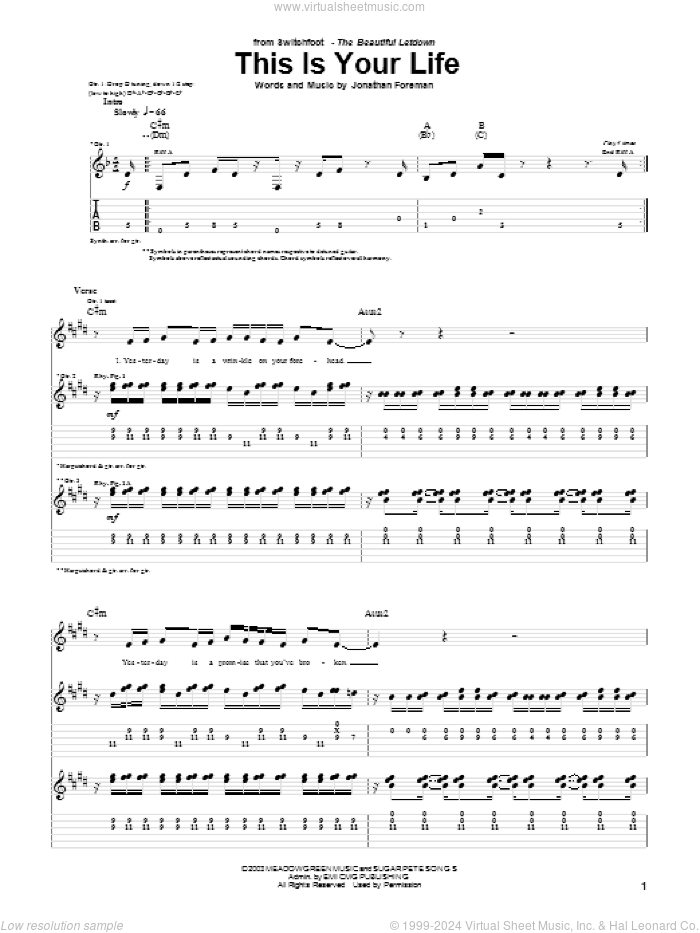 This Is Your Life sheet music for guitar (tablature) by Switchfoot and Jonathan Foreman, intermediate skill level
