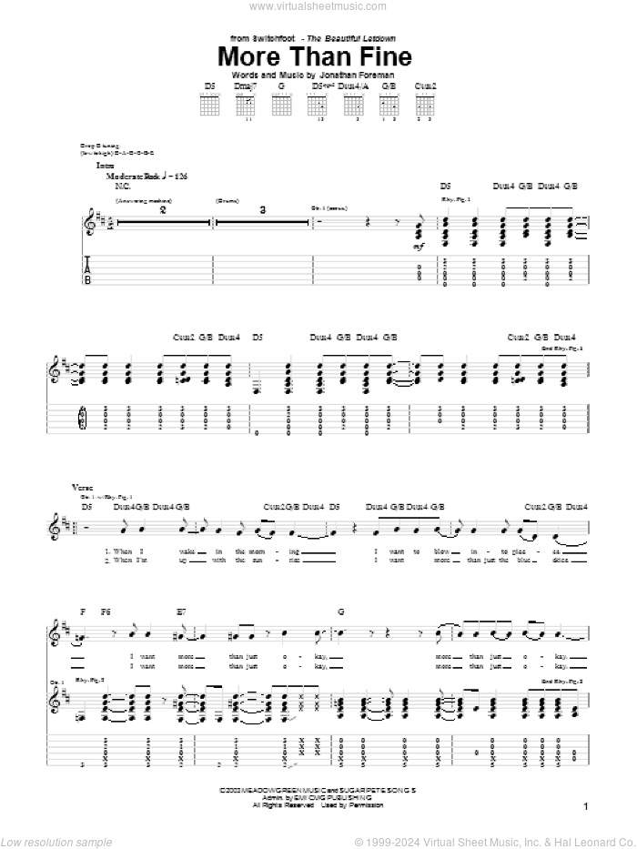 More Than Fine sheet music for guitar (tablature) by Switchfoot and Jonathan Foreman, intermediate skill level