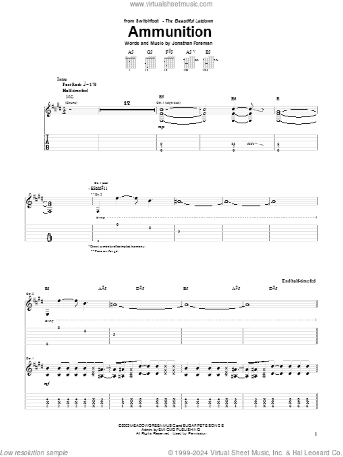 Ammunition sheet music for guitar (tablature) by Switchfoot and Jonathan Foreman, intermediate skill level