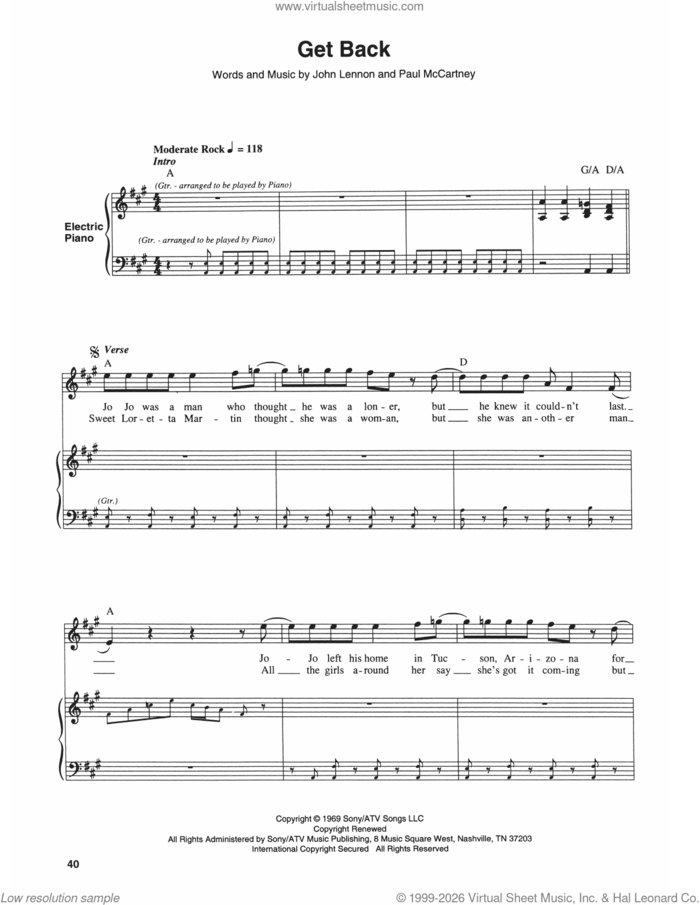 Get Back sheet music for keyboard or piano by The Beatles, John Lennon and Paul McCartney, intermediate skill level