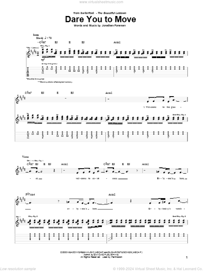 Dare You To Move sheet music for guitar (tablature) by Switchfoot and Jonathan Foreman, intermediate skill level